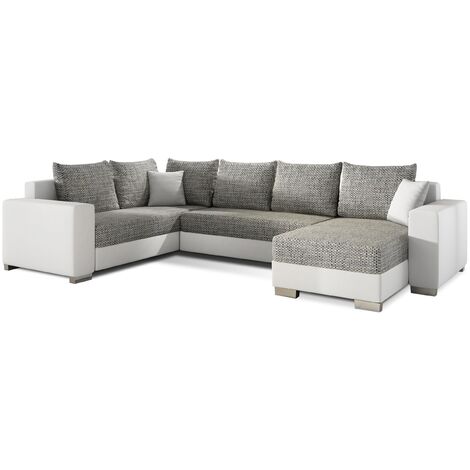 Canapé U convertible tissu gris clair chiné et simili blanc coffre de rangement à droite Marry 321cm
