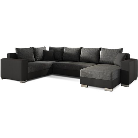 Canapé U convertible tissu gris foncé et simili noir coffre de rangement à droite Marry 321cm