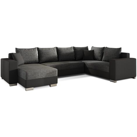 Canapé U convertible tissu gris foncé et simili noir coffre de rangement à gauche Marry 321cm