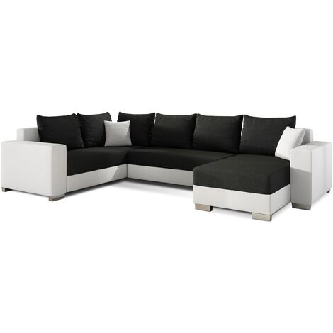 Canapé U convertible tissu noir et simili blanc coffre de rangement à droite Marry 321cm