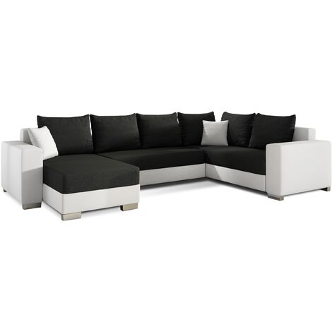 Canapé U convertible tissu noir et simili blanc coffre de rangement à gauche Marry 321cm