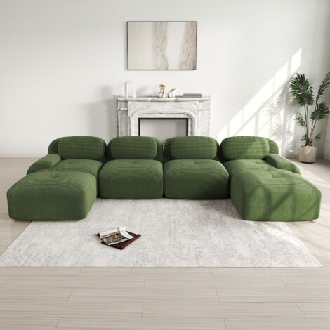 Canapé U modulaire sans montage,sans cadre,velours côtelé respirant,assise 32D élastique,accoudoirs larges,compatible animaux,ergonomique,vert