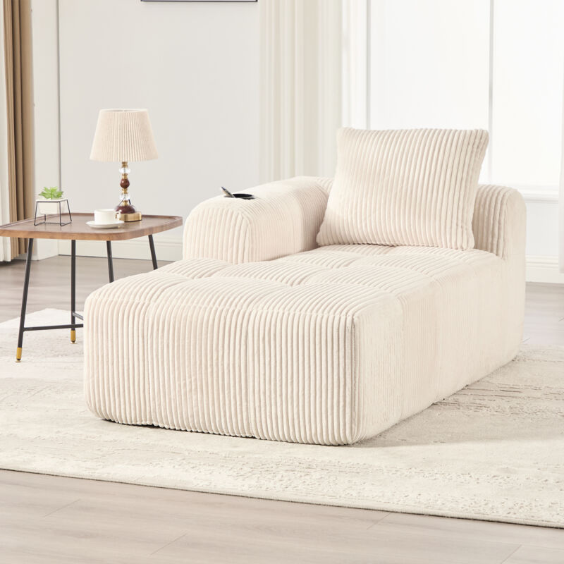 Canapé velours côtelé, Fauteuil relax poches latérales et porte-gobelets, 158x93x61 cm - 1 place, beige