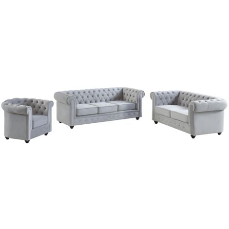 Canapés 3 places 2 places et un fauteuil CHESTERFIELD - Velours gris clair