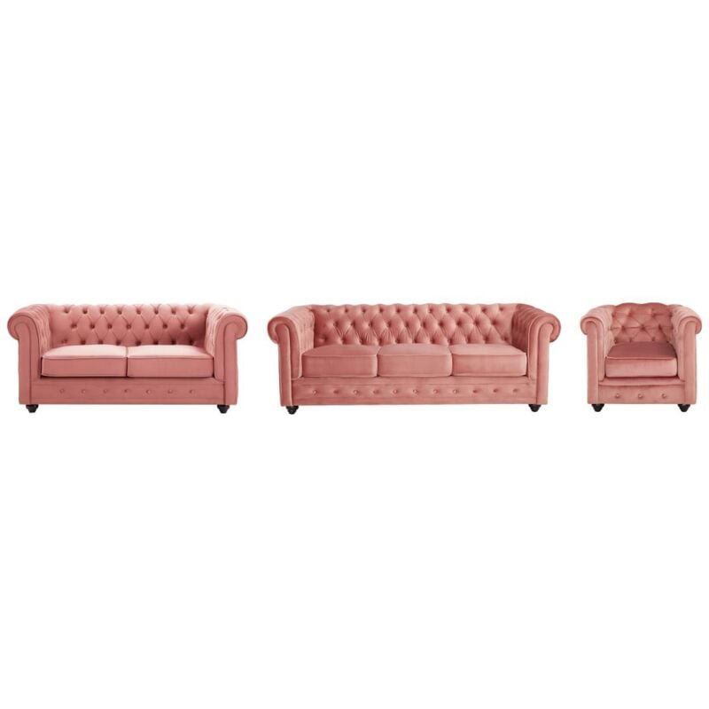 Vente-unique - Canapés 3 places et 2 places et fauteuil en velours rose pastel chesterfield