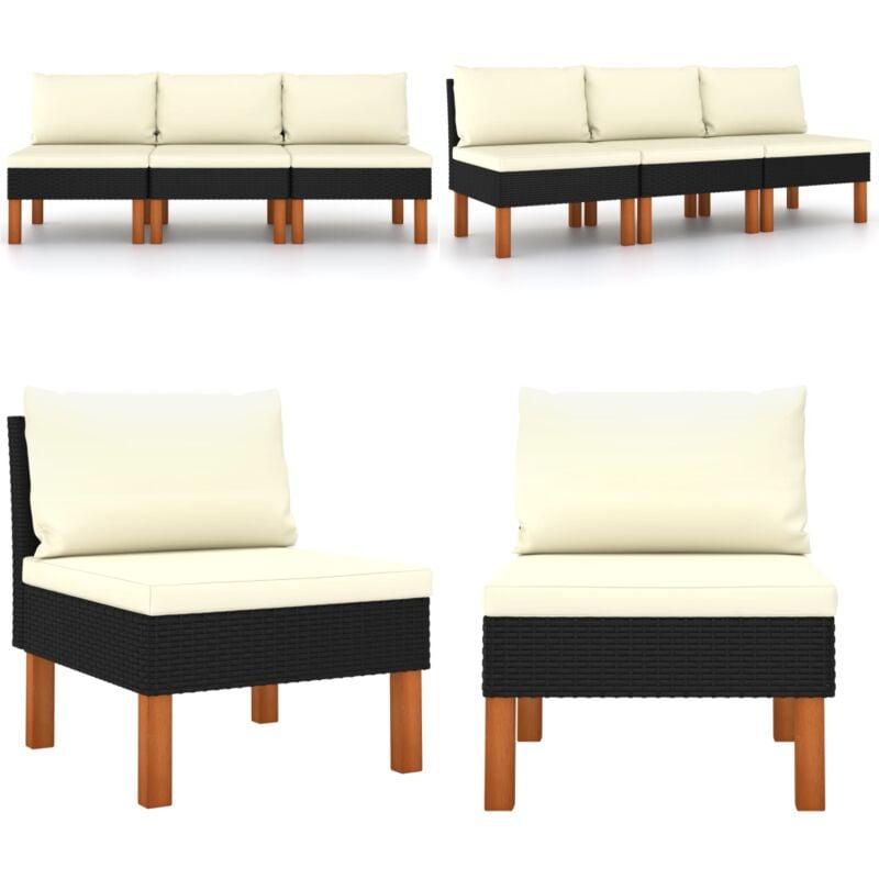 Canapés centraux 3 pcs Résine tressée et bois d'eucalyptus - Canape De Jardin - Meubles De Jardin - Salon De Jardin - Ensemble De Salon De Jardin