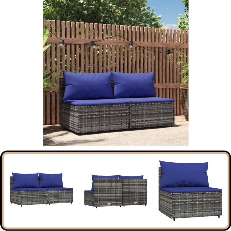 Canapés centraux de jardin et coussins 2pcs Gris Résine tressée - Canape De Jardin - Mobilier De Jardin - Meubles De Jardin - Canapé Extérieur - Set