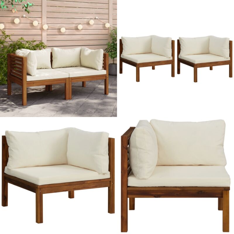 Canapés d'angle 2 pcs avec coussins blanc crème Acacia solide - Canape D'angle - Mobilier De Jardin - Meubles De Jardin - Canapé En Bois - Acacia