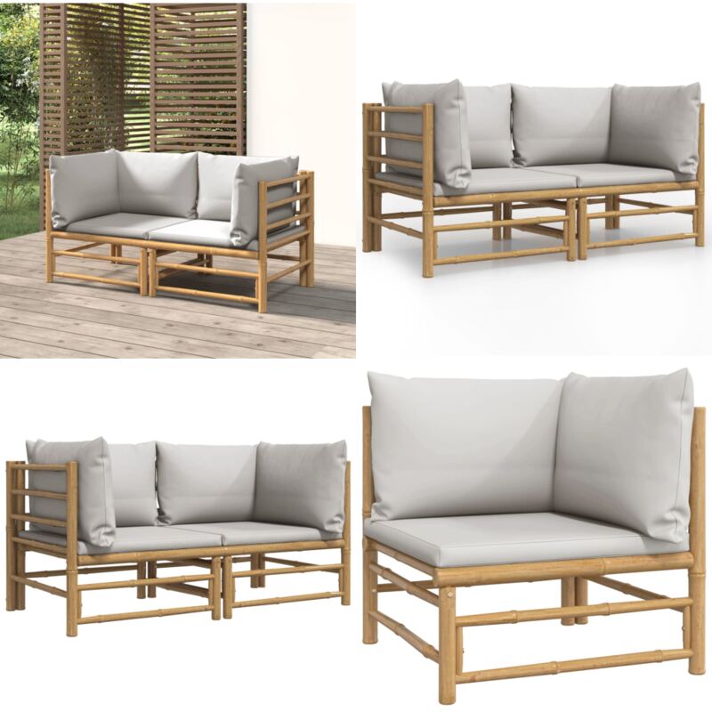 Canapés d'angle de jardin avec coussins gris clair 2 pcs bambou - Canape D'angle - Mobilier De Jardin - Salon De Jardin - Canapé Extérieur - Bambou
