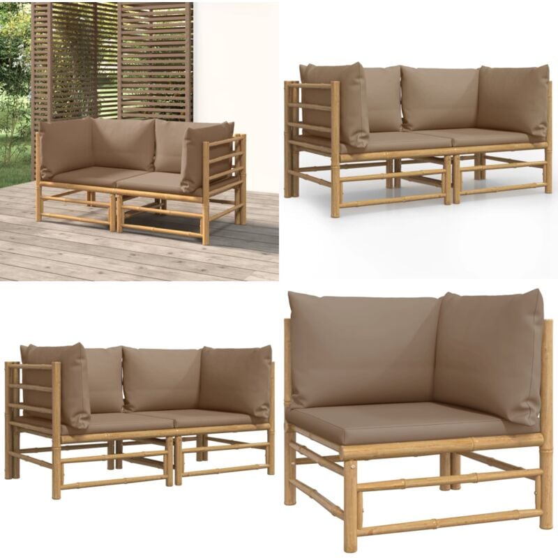 Canapés d'angle de jardin avec coussins taupe 2 pcs bambou - Canape D'angle - Mobilier De Jardin - Salon De Jardin - Bambou - Meubles Exterieur