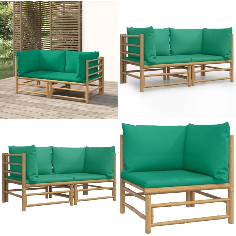 Canapés d'angle de jardin avec coussins vert 2 pcs bambou - Canape D'angle - Mobilier De Jardin - Salon De Jardin - Bambou - Canapé Extérieur - Home