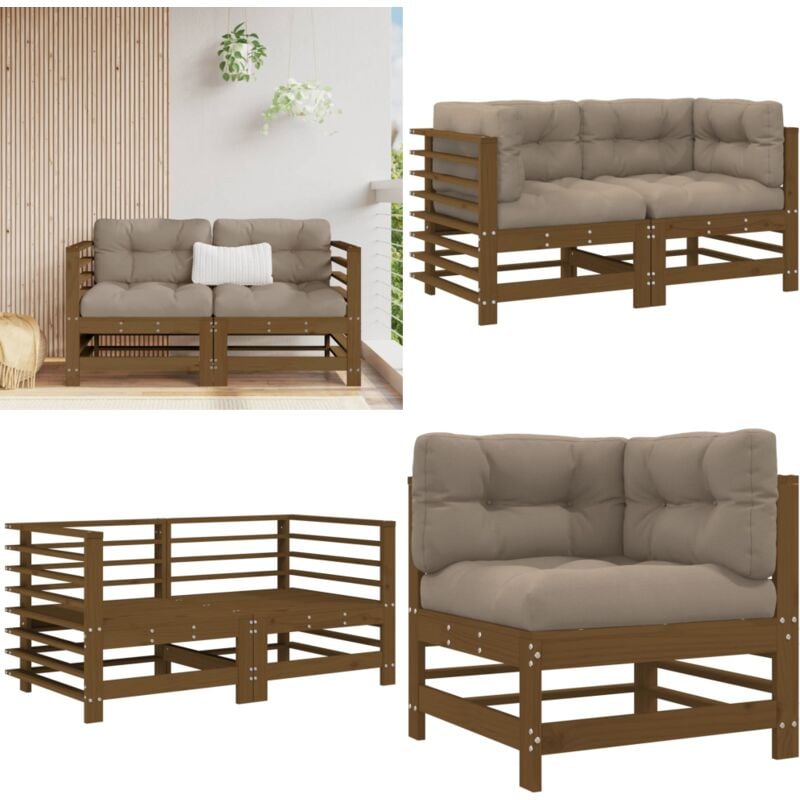 Canapés d'angle et coussins 2pcs marron miel bois de pin massif - Canape D'angle - Mobilier De Jardin - Canapé Extérieur - Set De Salon De Jardin