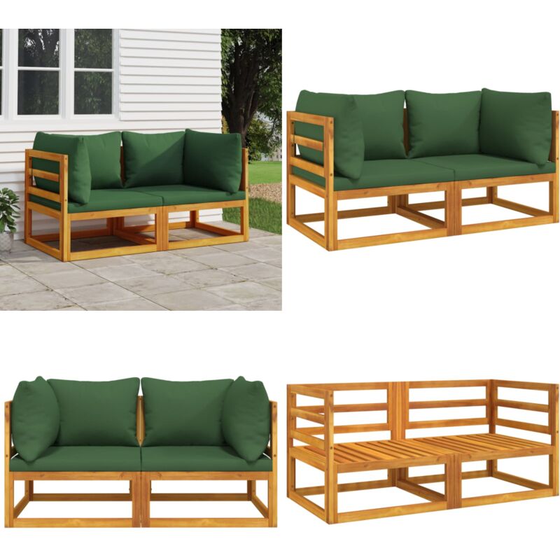 Canapés d'angle sectionnels 2 pcs coussins verts Bois acacia - Canape D'angle - Mobilier De Jardin - Canapé Extérieur - Jardin - Bois D'acacia - Home