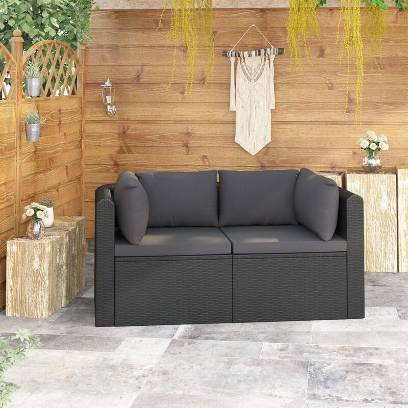 Canapes de jardin 2 pcs avec coussins Resine tressee Noir