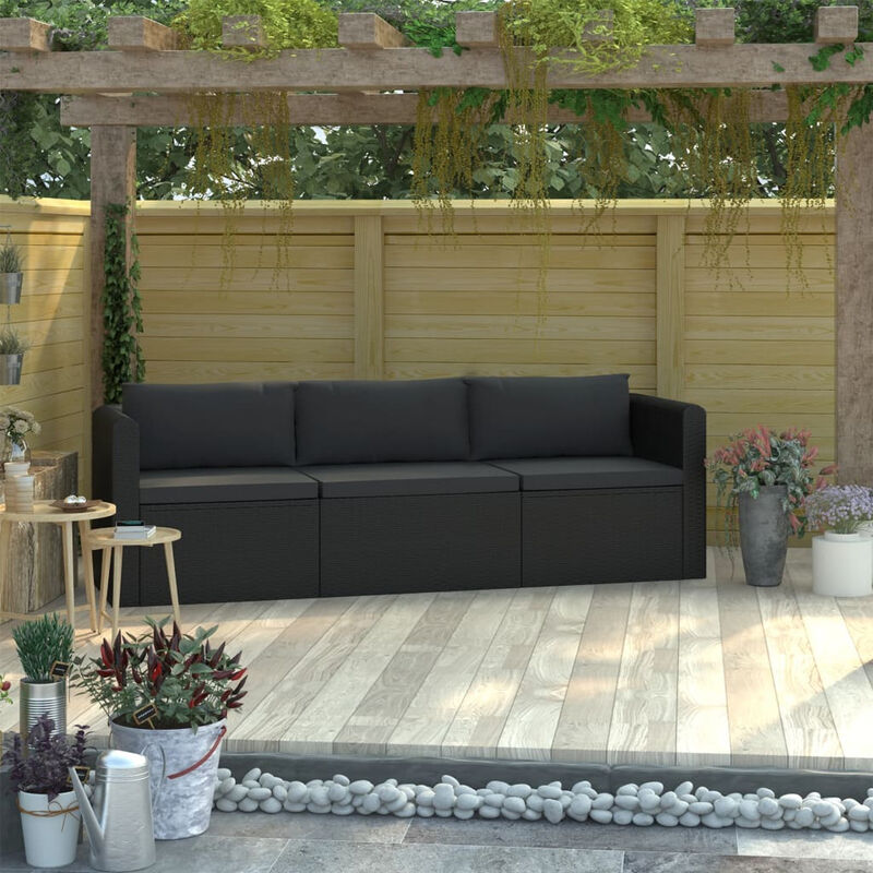 Canapes de jardin 3 pcs avec coussins Resine tressee Noir