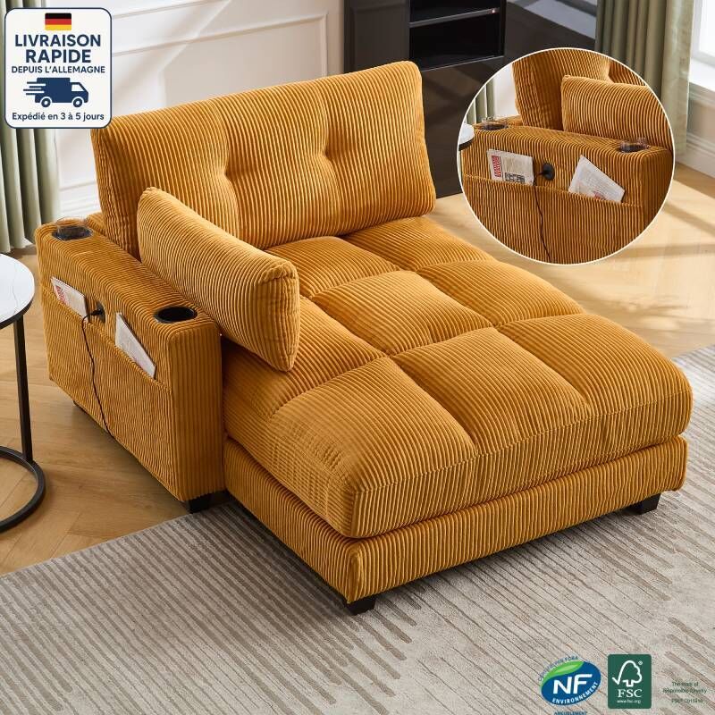 Canapés droits 112x140x81 cm, canapé-lit simple, fauteuil avec poches latérales et porte-gobelet, velours, jaune foncé