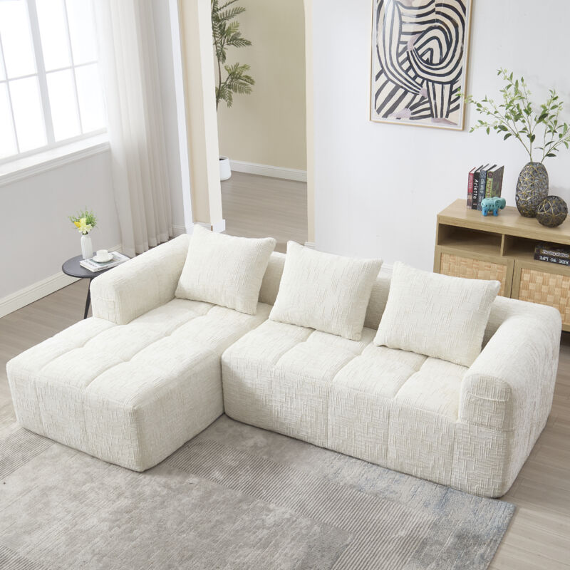 Modfu – Canapé d'angle 3 places en tissu chenille beige – Dimensions 250x158x60cm – Poches latérales pratiques – Mousse haute densité