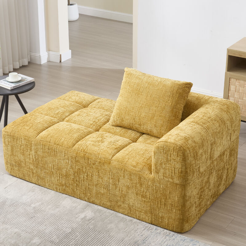 Modfu - Canapés, fauteuil avec coussins, tissu chenille, jaune, canapé droit, canapé 1 place, 158x90x60cm