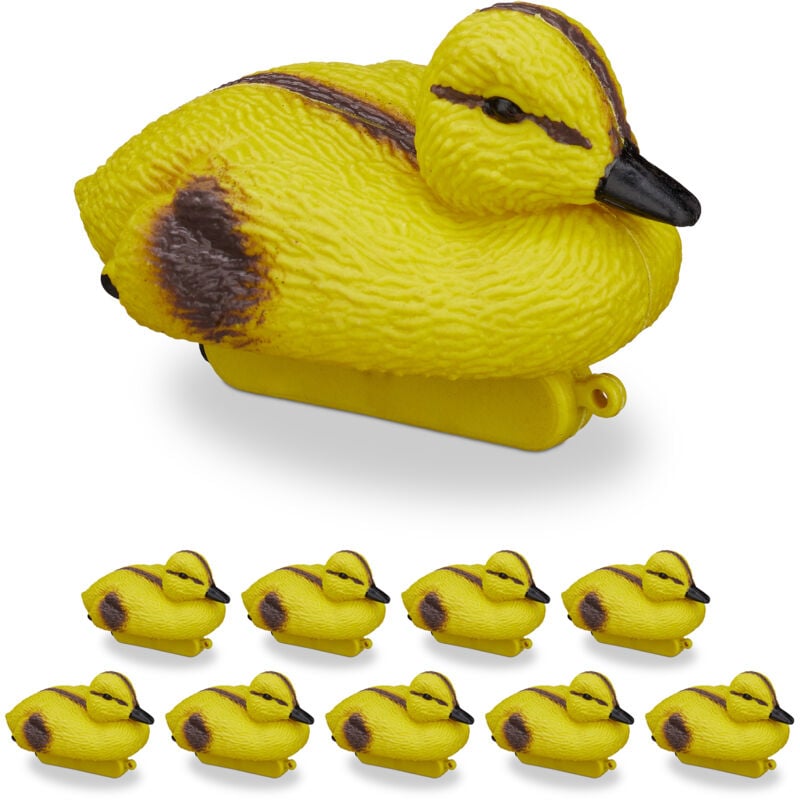Relaxdays - Caneton en plastique, lot de 10, canard jaune, pour étang de jardin, déco extérieur, avec œillet, jaune/noir