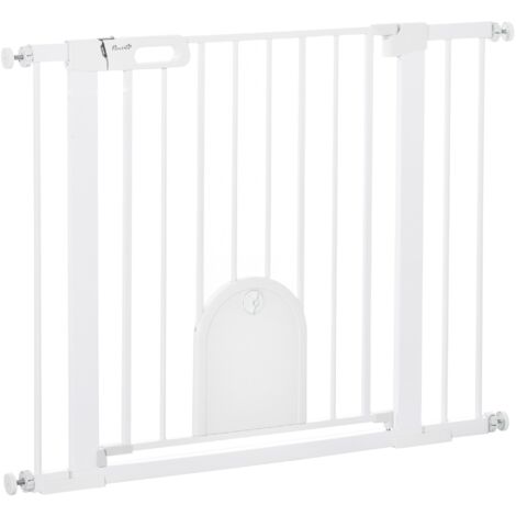 Cancelletto di Sicurezza per Cani con Porta Piccola Regolabile e Chiusura Automatica 75-103x76 cm Bianco