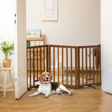 Cancellino per Cani Pieghevole a 3 Pannelli con Piedini Antiscivolo per Corridoi, Scale e Stanze, in Legno di Pino, 181x35x76 cm, Marrone Scuro