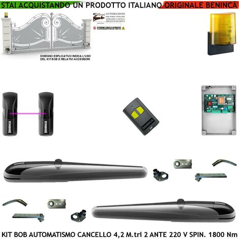 Cancello 4,2 Metri 2 Ante Kit BOB Automatismo Motori Elettromeccanici 230 V Corsa 325 mm Spinta 1800 Nm Sblocco a Chive Staffe Fissaggio Radiocomando Coppia Fotocellule Lampeggiatore a Led con Antenna
