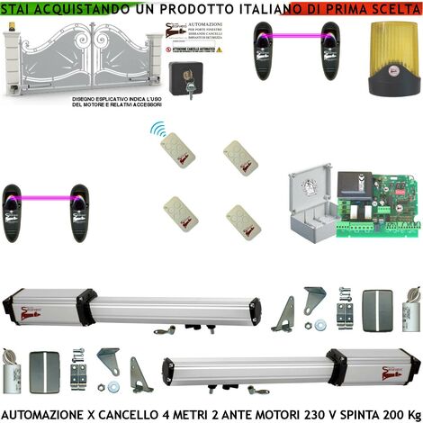 Cancello Automatico 4 Metri 2 Ante da 2 MT Kit 2 Motori Elettromeccanici 230 V Corsa 300 mm Spinta 2 Q.li Sblocco Staffe 4 Radiocomandi 2 Coppie Fotocellule Selettore 2 Chiavi Faro Movimenti Cartello