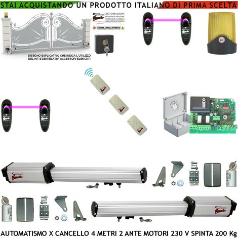 Cancello Automatico 4 Metri 2 Ante da 2 MT Kit 2 Motori Elettromeccanici 230 V Corsa 300mm Spinta 2 Q.li Sblocco Staffe 3 Radiocomandi 2 Fotocellule Selettore 2 Chiavi Faro Movimenti Cartello Monitore