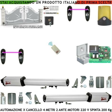 Cancello Elettrico 4 Metri 2 Ante da 2 MT Kit 2 Motori Elettromeccanici 230 V Corsa 300 mm Spinta 2 Q.tali Sblocco Staffe Radiocomando 2 Coppie di Fotocellule Selettore 2 Chiavi Faro Cartello Monitore