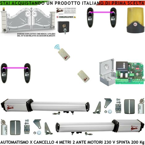 Cancello Elettrico 4 Metri 2 Ante da 2 MT Kit Base 2 Motori Elettromeccanici 230 V Sblocco Corsa 300 mm Spinta 2 Q.li Staffe 2 Radiocomandi 2 Coppie Fotocellule Selettore 2 C.vi Faro Cartello Monitore