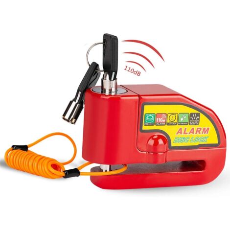 Candado de disco con alarma antirrobo para motocicleta Crediri, candado de disco para scooter con alarma de 110 dB, 2 llaves, cable antirrobo de 1,5 m, 1 bolsa (rojo)