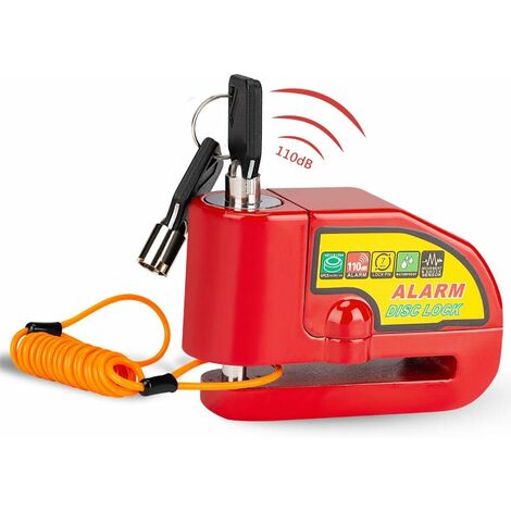 Candado de disco de alarma antirrobo para motocicleta Candado de disco de scooter con alarma de 110db, 2 llaves, cable antirrobo de 1,5 m, 1 bolsa de candado de disco de alarma para motocicleta/bicicleta/scooter (rojo)