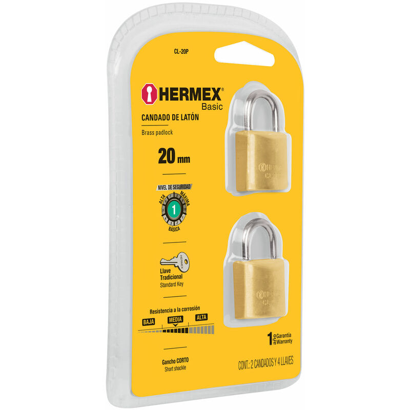 

Candado de latón, 20mm, blister 2 piezas, Hermex