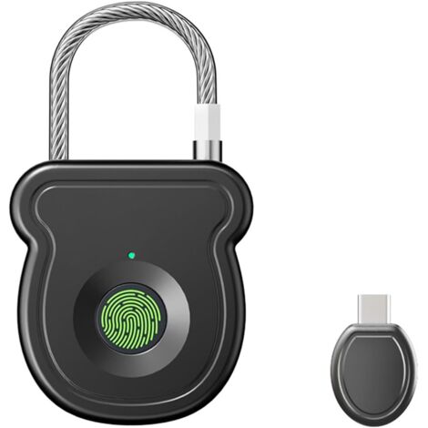 Candado inteligente con lector de huellas dactilares, desbloqueo sin llave en 0,5 segundos, batería con autonomía de 365 días, llave de emergencia USB (negra).