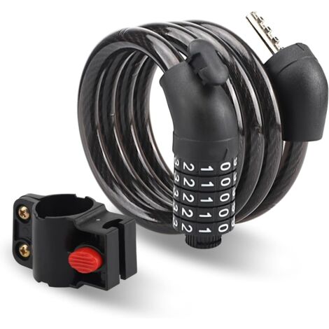 Candado para bicicleta - Candado para patinete eléctrico - Candado de combinación para bicicleta - Longitud del cable: 105 cm - Diámetro del cable de acero: 10 mm - Candado de combinación de 5 dígitos