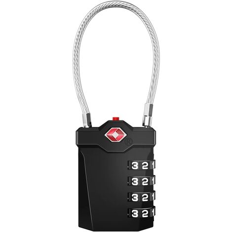 Candado para equipaje, candado para maleta con combinación de 4 dígitos TSA con alarma de apertura, candado para casillero con cable de código de gimnasio (1 pieza, negro)