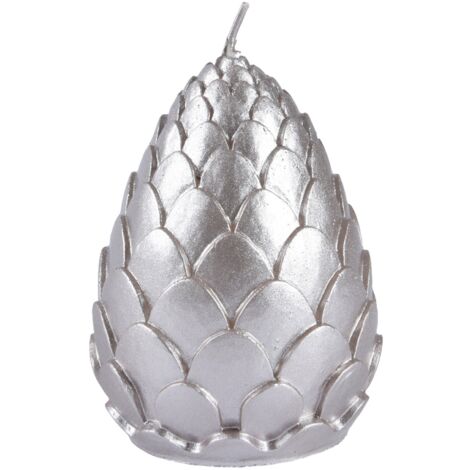 Candela decorativa a forma di pigna in cera colore argento metallico