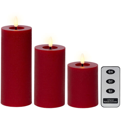 Candela di cera LED rossa, ø7 x 19 cm, 3 unità