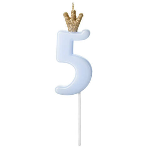 Candela di compleanno numero 5 con corona, azzurro