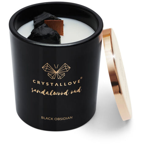 Candela di soia CRYSTALLOVE in ossidiana nera - Sandalo e Oud 400 g