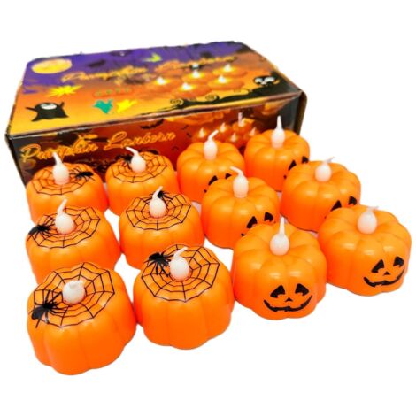 Candela di zucca LED di Halloween, 12 candele tealight a LED senza fiamma, luce di zucca 3D alimentata a batteria Zucche di Halloween luminose e realistiche
