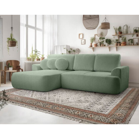 Candela - ecksofa links 4-sitzer - schlaffunktion und bettkasten - aus bouclé-stoff - salbeigrün