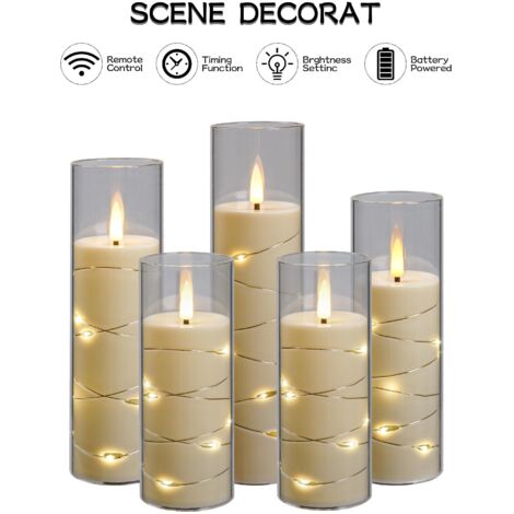 Candela LED con lucine, candela a batteria con telecomando e timer 24 ore, candela senza fiamma per la decorazione della casa (bianco avorio, set da 5)