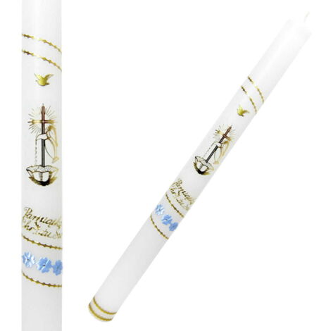 Candela per battesimo, bianca, liscia, con decorazioni oro e blu - croce