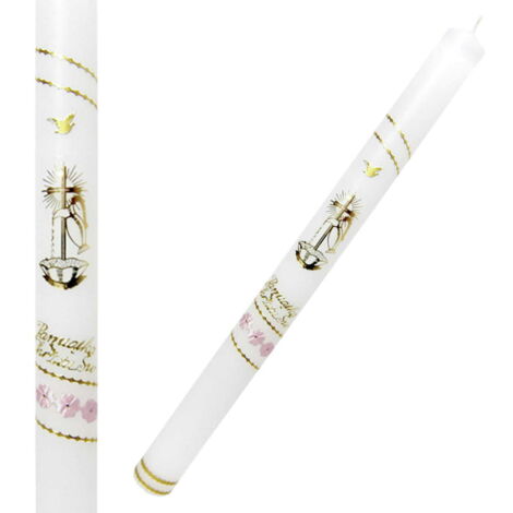 Candela per battesimo, bianca, liscia, con decorazioni rosa e oro - croce
