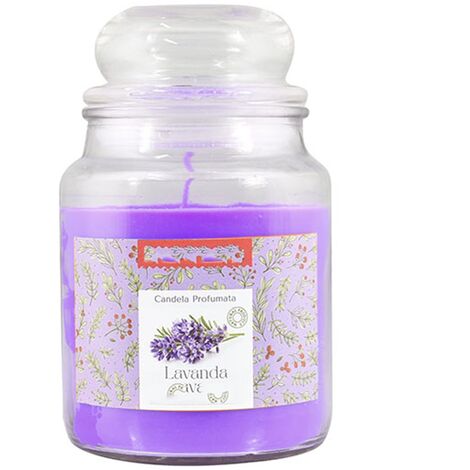 Candela profumata alla lavanda con barattolo e coperchio in vetro gr 510 h16 cera estratti naturali durata 26 ore idea regalo