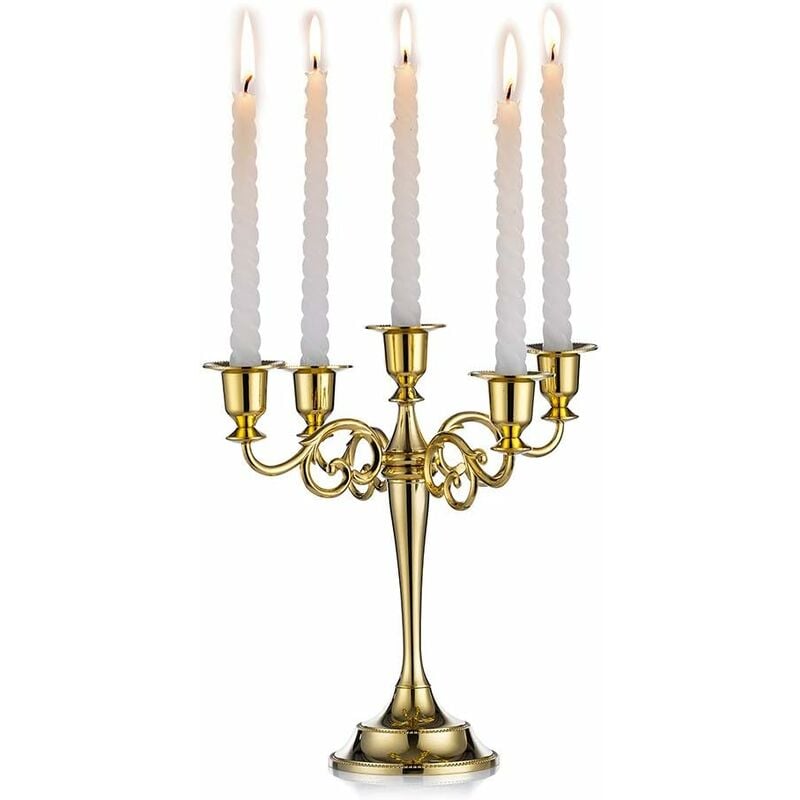 Candélabres Bougeoirs Dorés 5 Bras en Métal Bougeoirs 27cm Haut Bougeoir Conique pour Mariage Fête d'anniversaire Table À Manger Salon Cheminée