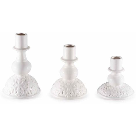 Candelabri natalizi in porcellana bianca con decori a fiocco di neve set 3 pezzi