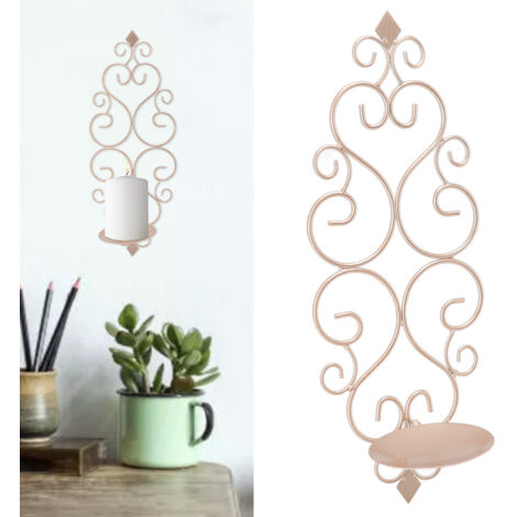 Candelabro – Aplique de pared en oro champán, 37 x 14,5 cm, estructura de hierro, plegable – Estructura de hierro con base de pared plegable para velas, 37 x 14,5 cm, color oro champán