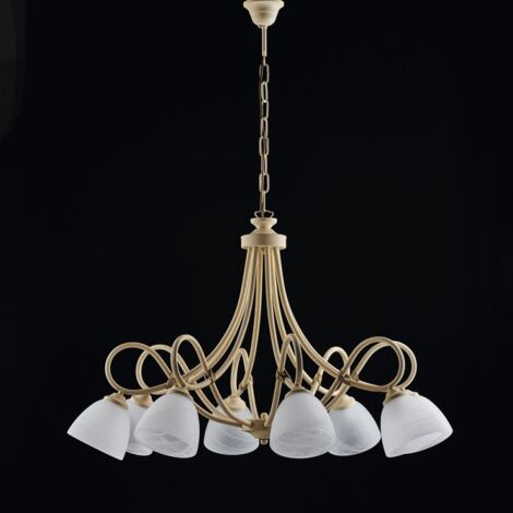 Candelabro de hierro decape marfil ocho luces pantallas de vidrio de alabastro blanco 81x h55 cm